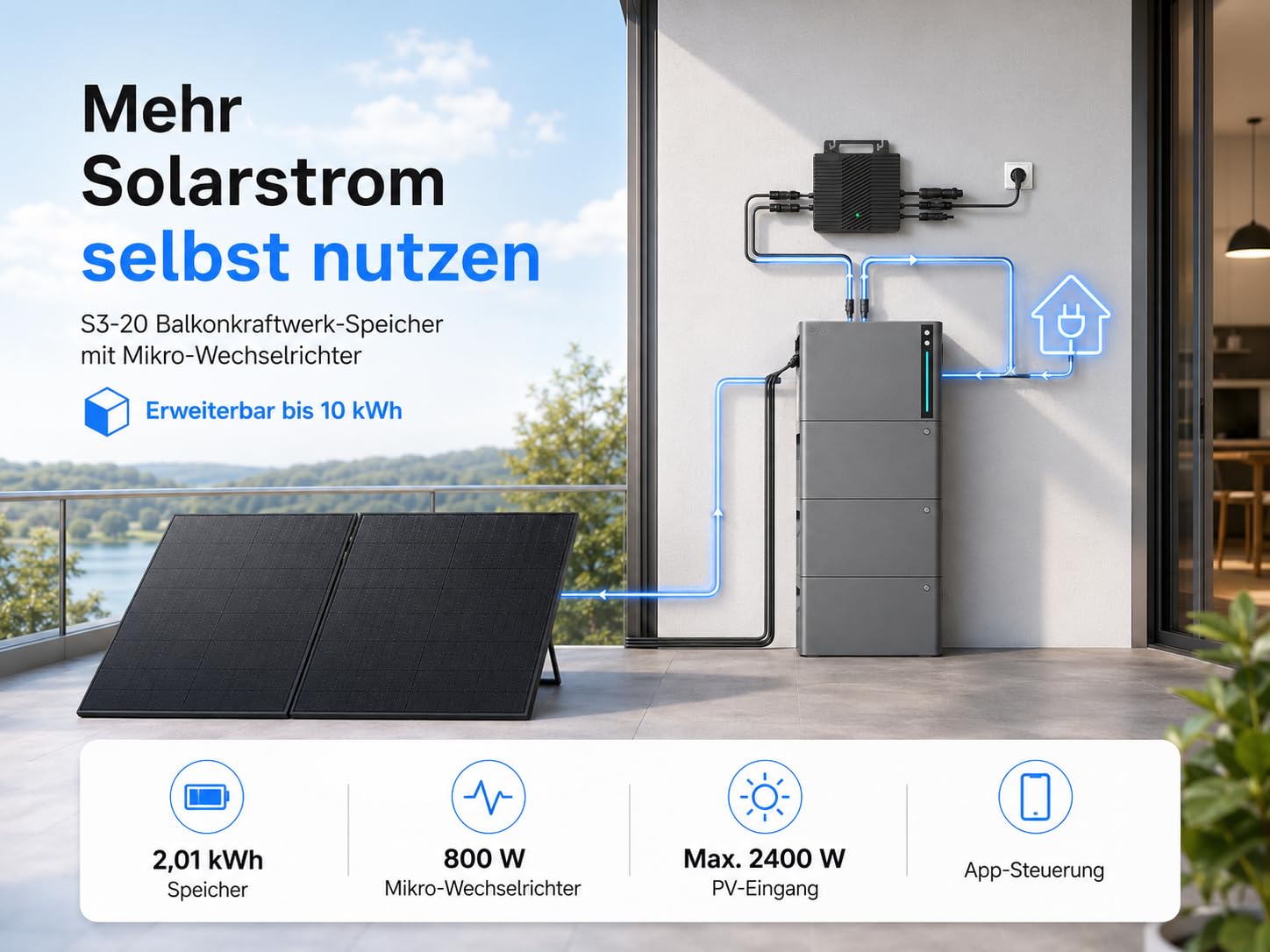SAKETE S3-20 Speicher für Balkonkraftwerk – 2,01 kWh LiFePO4, erweiterbar bis 10 kWh