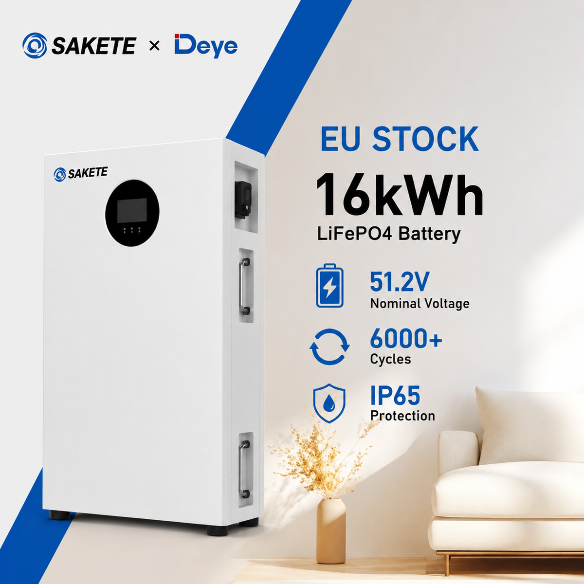 SAKETE Hochwertige 51,2V 16kWh Lithium-Ionen-Batterie LiFePO4 6000+ Deep-Cycle-Solarbatterie mit integriertem BMS