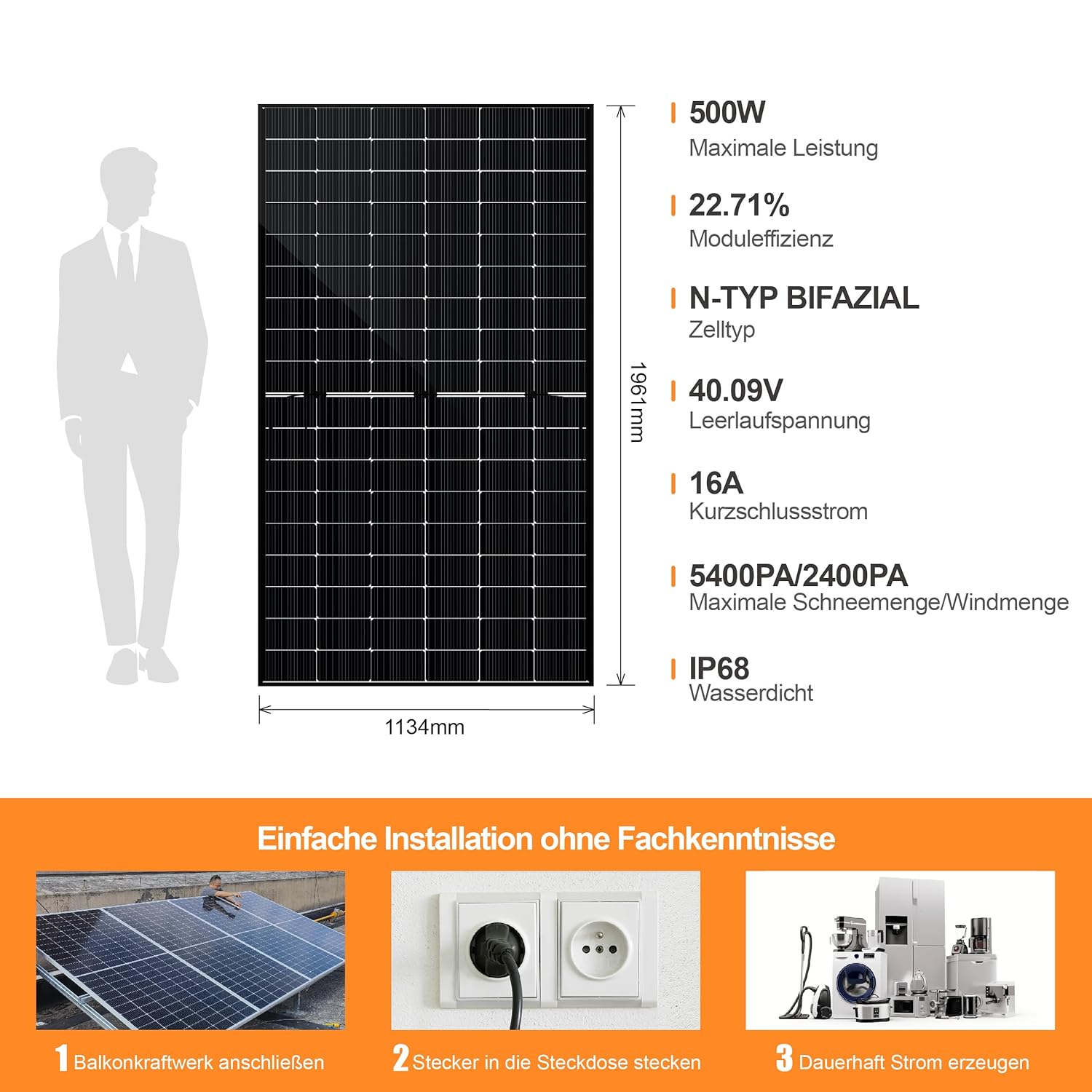 SAKETE Solarpanel 500W Bifazial (+100W), Solarmodul Doppelglas Full Black, N-Typ Photovoltaik Modul für Balkonkraftwerk