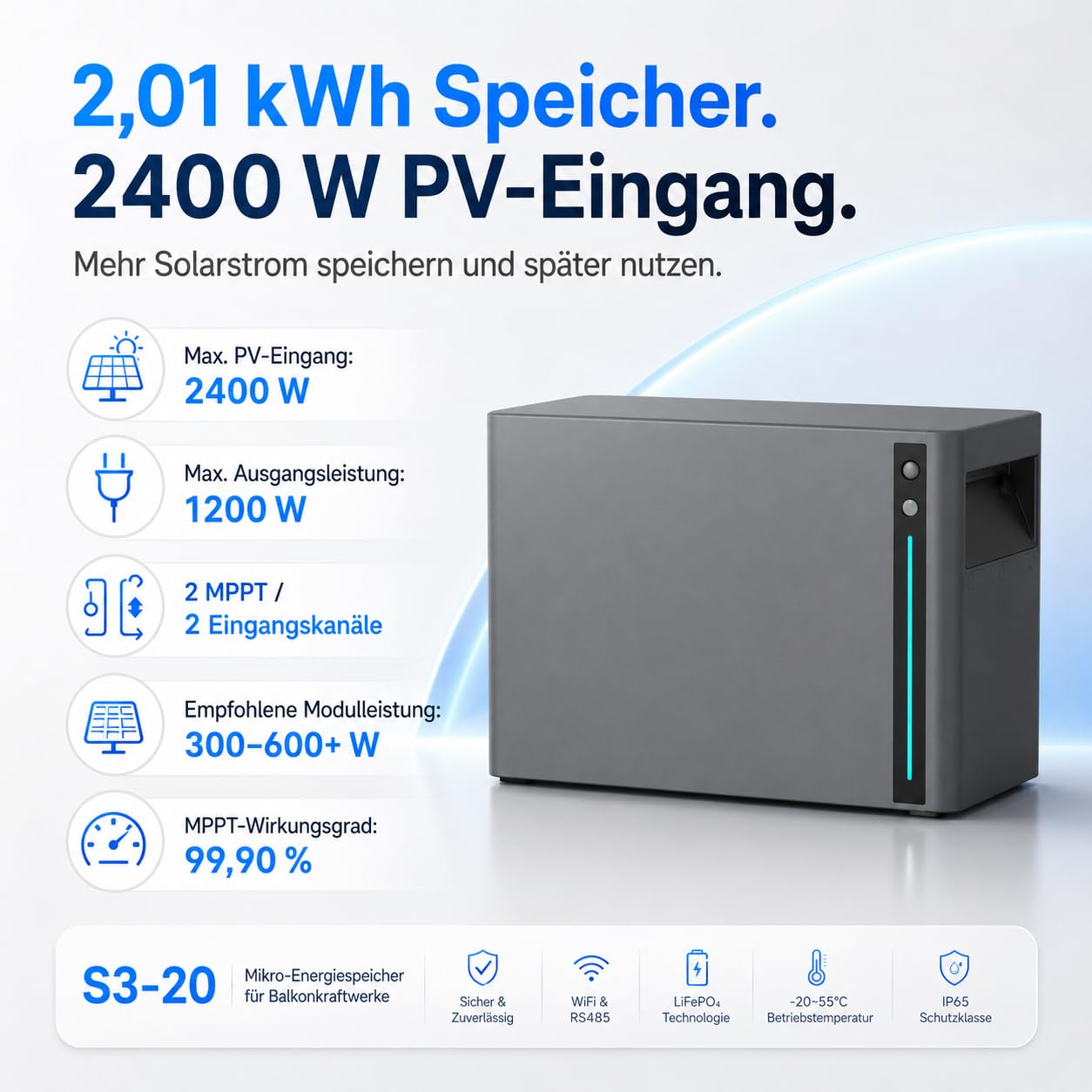 SAKETE S3-20 Speicher für Balkonkraftwerk – 2,01 kWh LiFePO4, erweiterbar bis 10 kWh