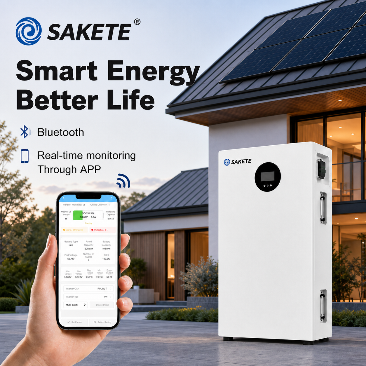 SAKETE Hochwertige 51,2V 16kWh Lithium-Ionen-Batterie LiFePO4 6000+ Deep-Cycle-Solarbatterie mit integriertem BMS
