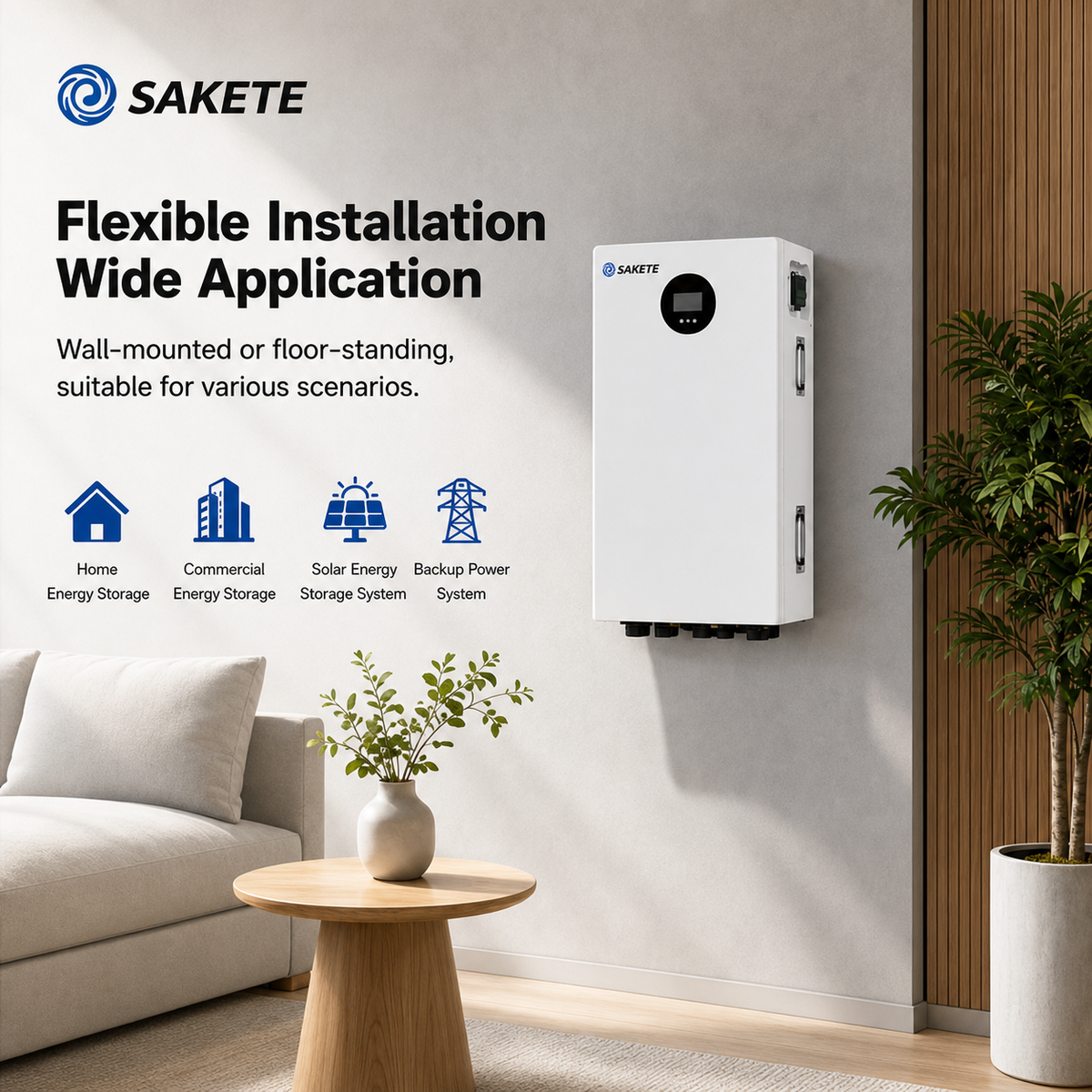 SAKETE Hochwertige 51,2V 16kWh Lithium-Ionen-Batterie LiFePO4 6000+ Deep-Cycle-Solarbatterie mit integriertem BMS