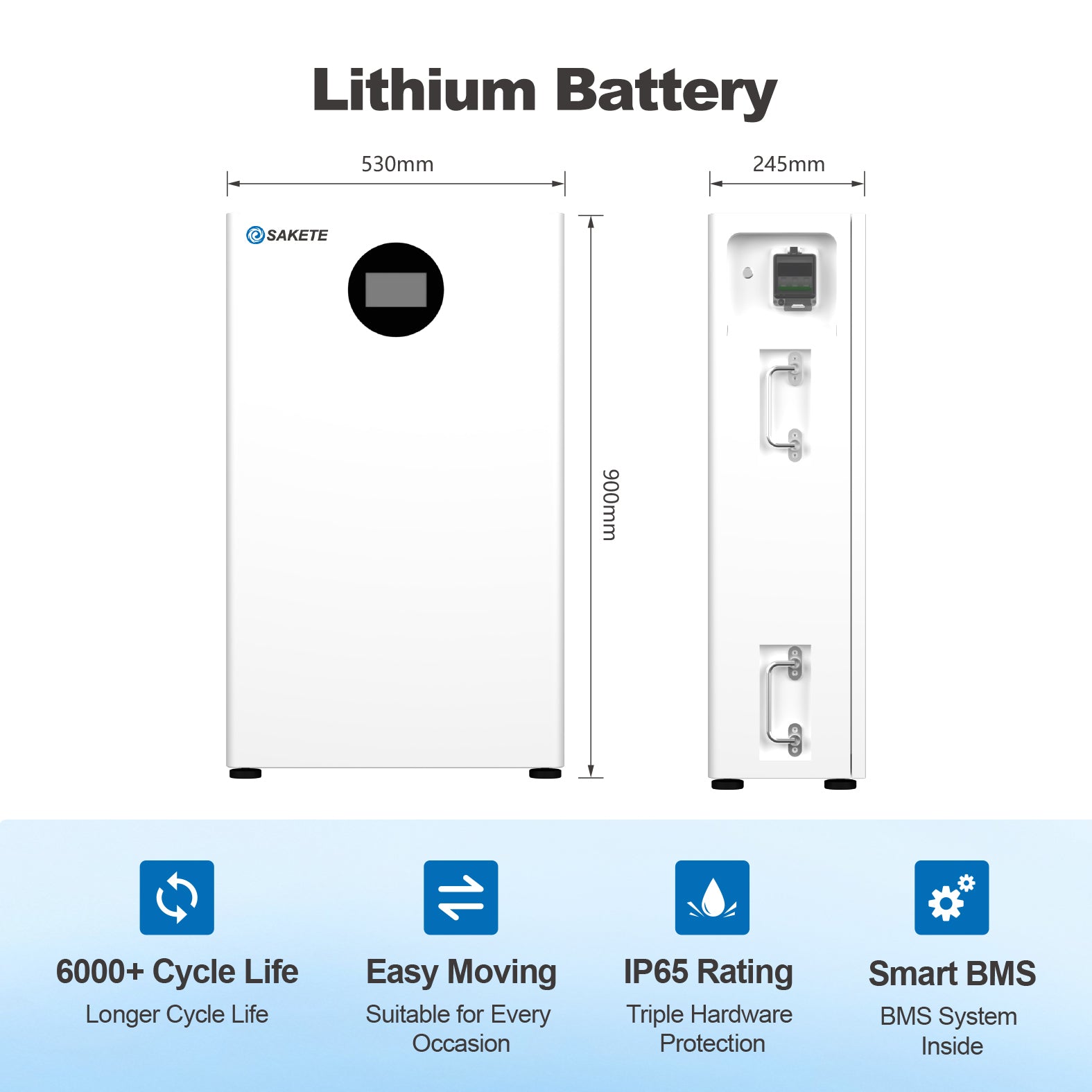 SAKETE Hochwertige 51,2V 16kWh Lithium-Ionen-Batterie LiFePO4 6000+ Deep-Cycle-Solarbatterie mit integriertem BMS