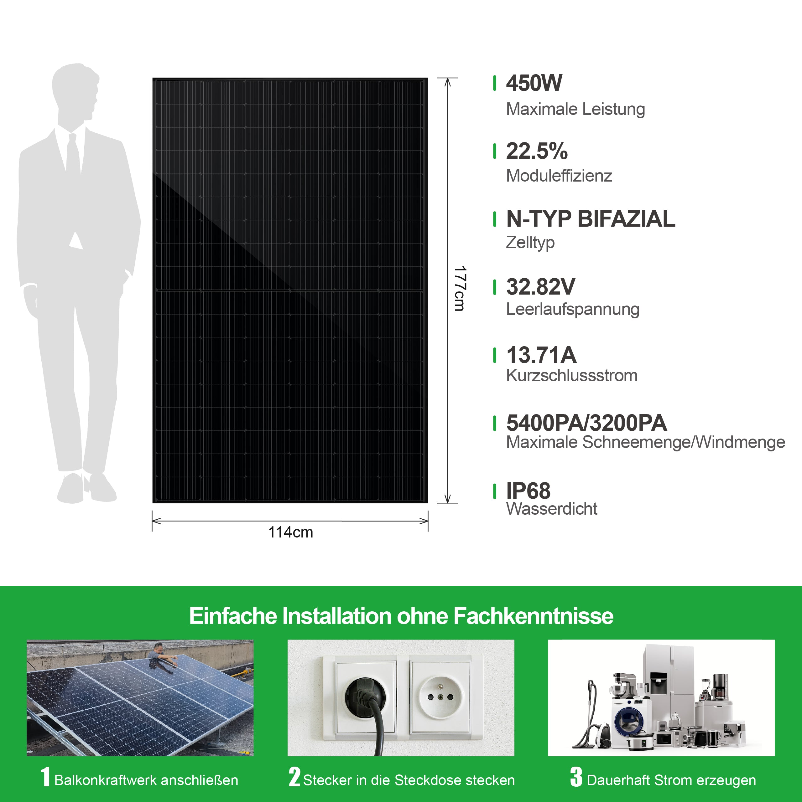 SAKETE Solarpanel 450W Bifazial (+90W), Solarmodul Doppelglas Full Black, N-Typ Photovoltaik Modul für Balkonkraftwerk