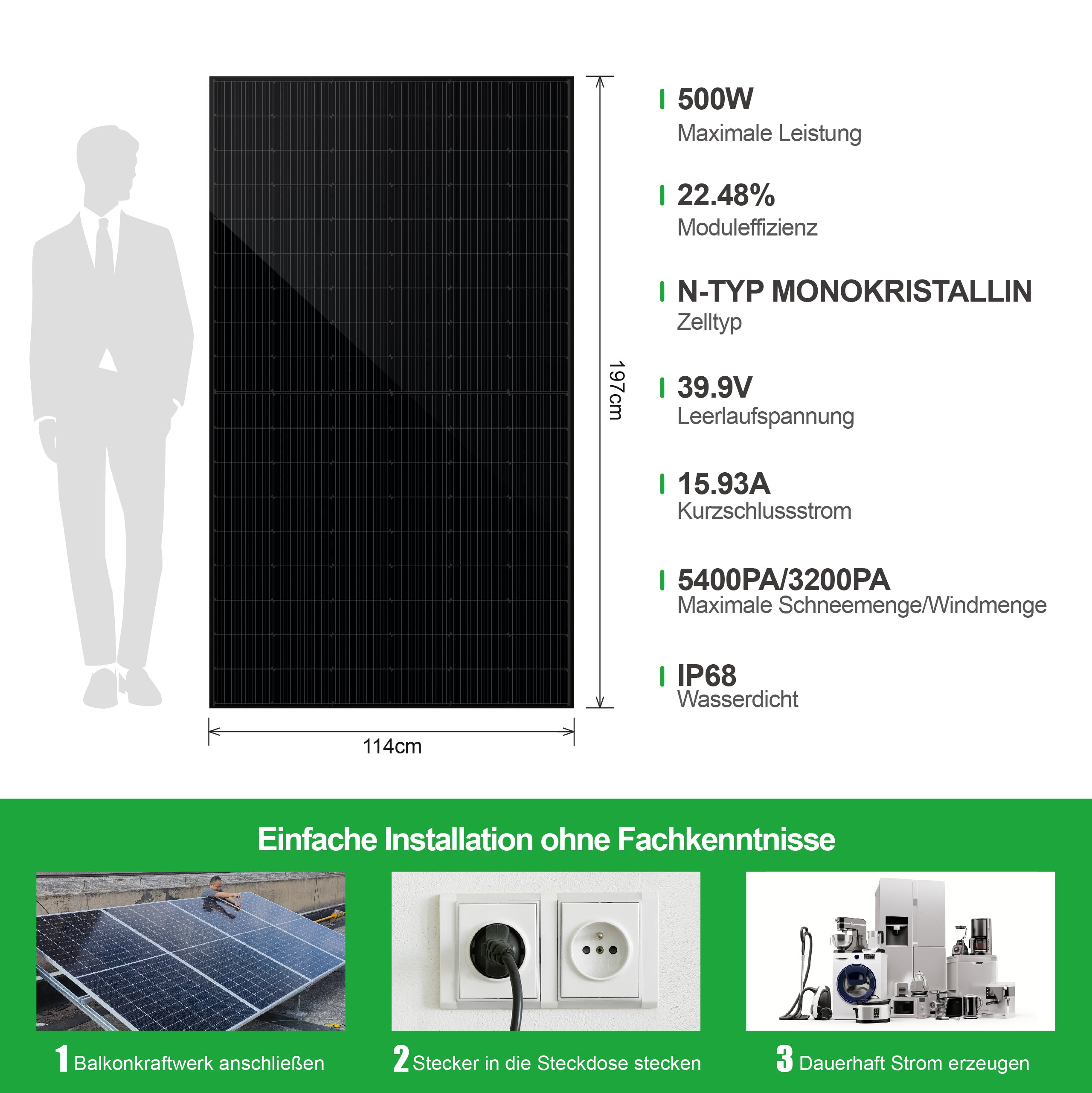SAKETE Solarmodul 500W – N-Typ Full Black Solarpanel mit Halbzellen-Technologie, geeignet für Balkonkraftwerk, 500W PV Panel